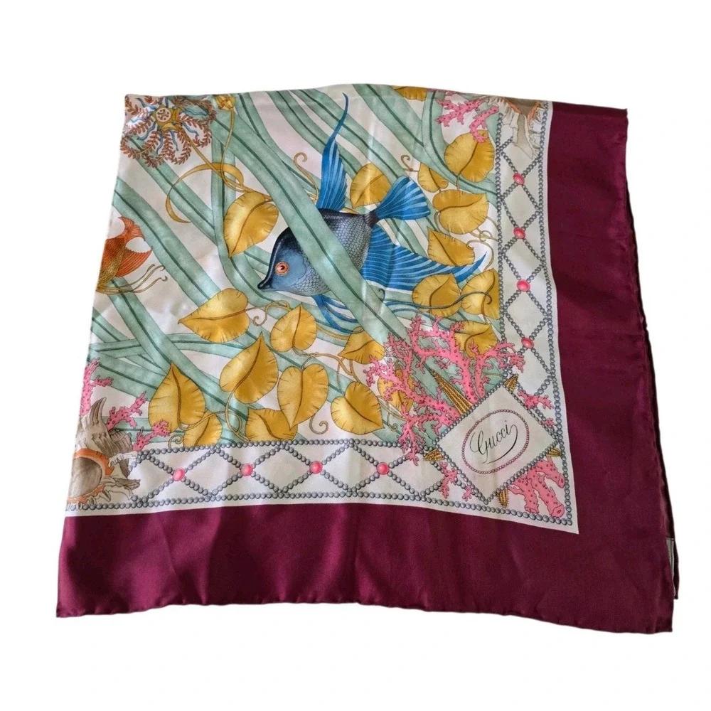 Gucci Vintage Silk Square Scarf Pesci Sea Life Fish - Flaw Color Bleeding 33
